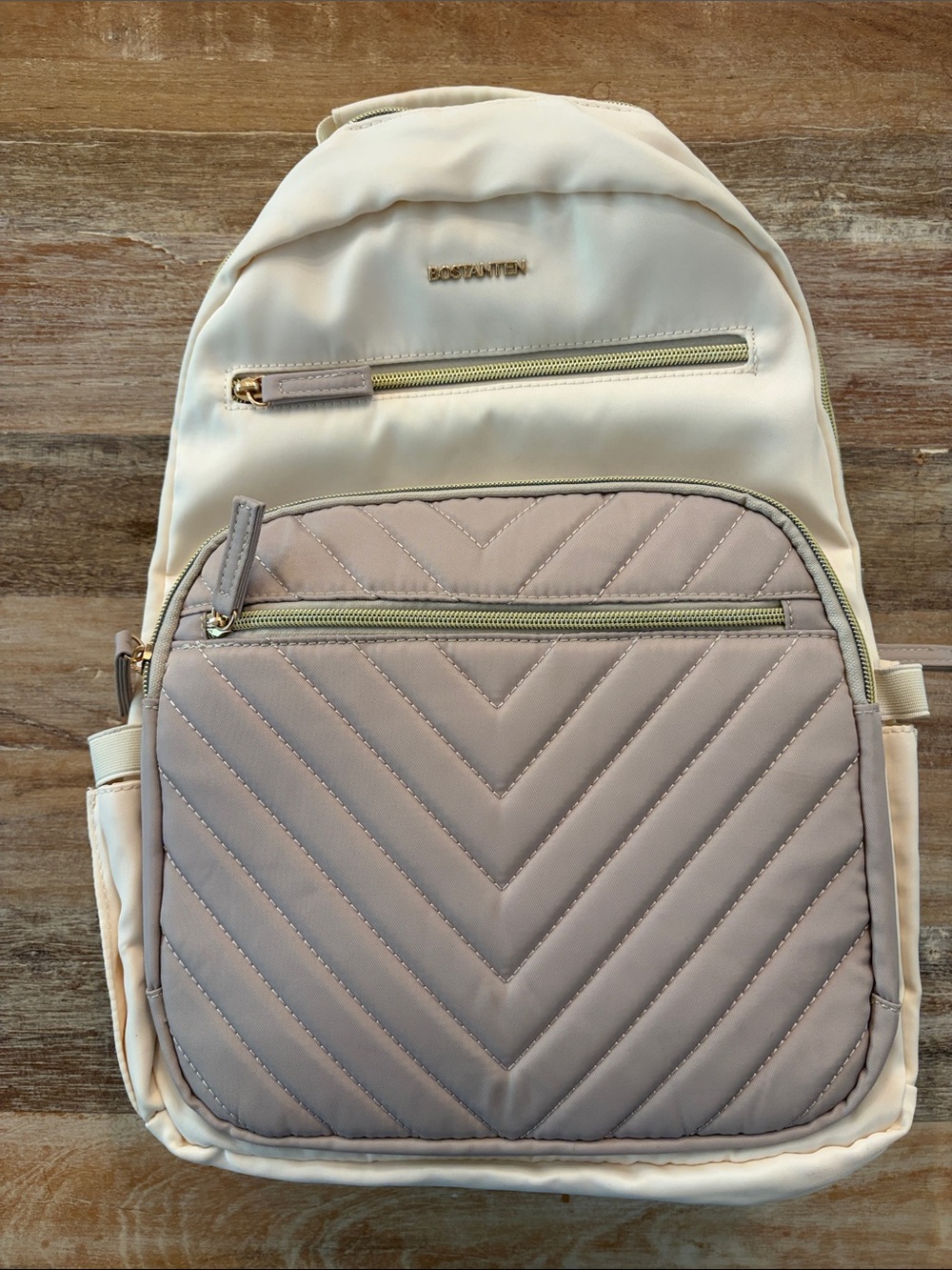 NWOT BOSTANTEN Cream Quilted Laptop Backpack Purse Gold Hardware